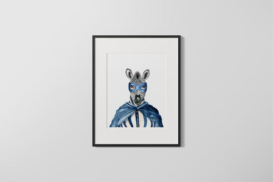 Zebra Superhero Watercolor Art Print – Matted with a Frame or as a Print